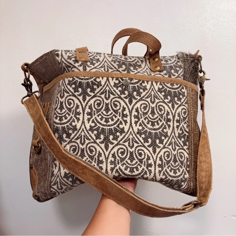 Myra Hair-on Hide Tapestry Leather Weekender Overnight Tote Travel Laptop Bag